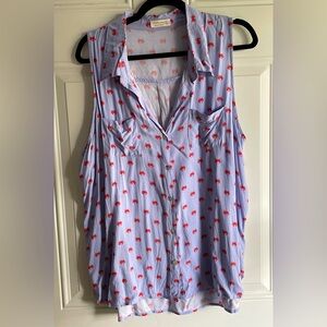 Like New Fun Button Down Sleeveless Blue Tank top With Small Red Crabs Pattern